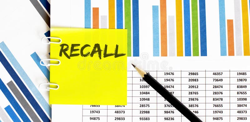 Yellow sticker with text RECALL on the chart with pencil . It can be used as a business and financial concept