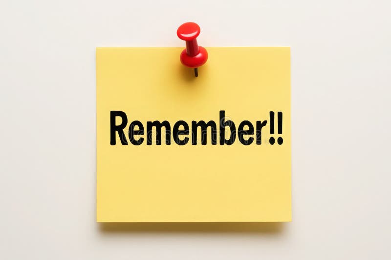 A vibrant yellow sticky note with the text 'Remember!! ' prominently displayed, secured to a clean white surface with a red push pin. This image is perfect for conveying concepts related to reminders, memory aids, important notes, and organizational tools in various contexts. Memorandum understanding illustrations