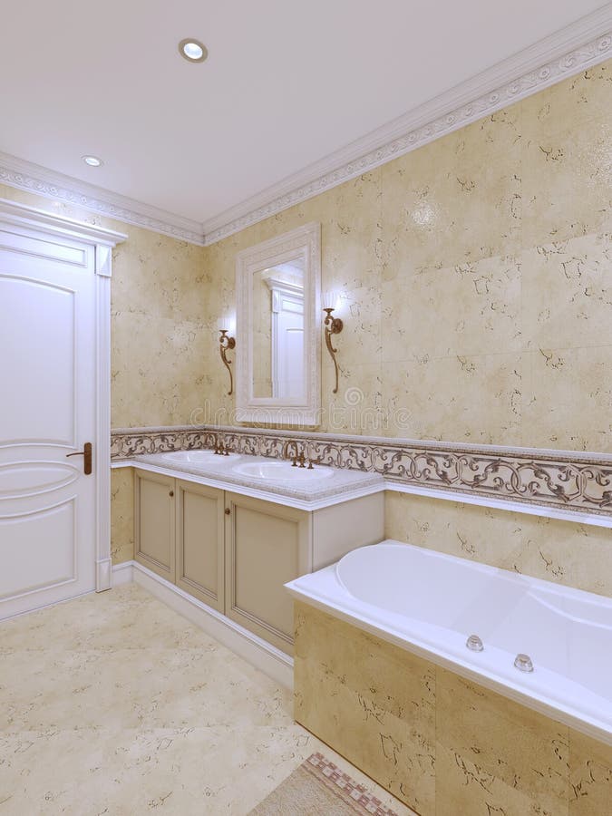 Yellow Stone Tiles and Classic Design in a Lighted Bathroom Stock ...