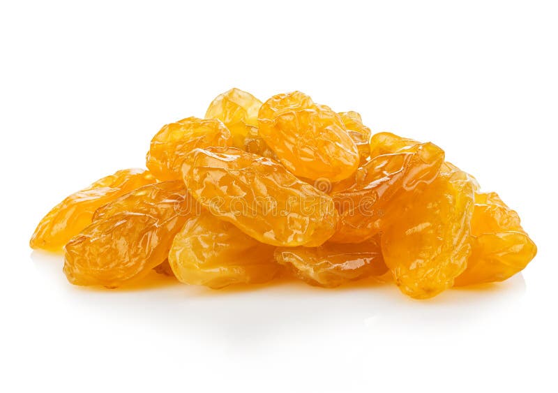 Yellow sultanas raisins close-up isolated on a white background.