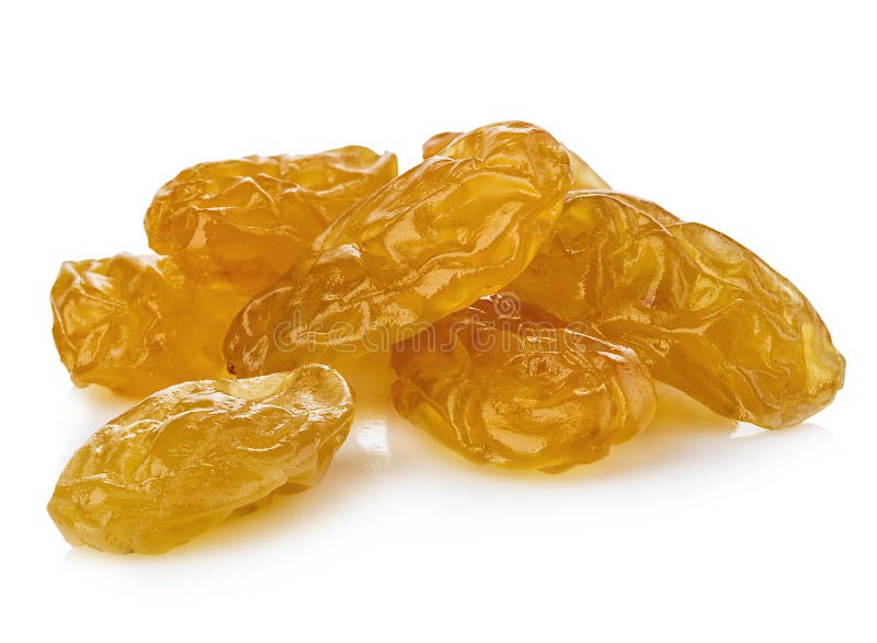 Yellow sultanas raisins close-up isolated on a white background.