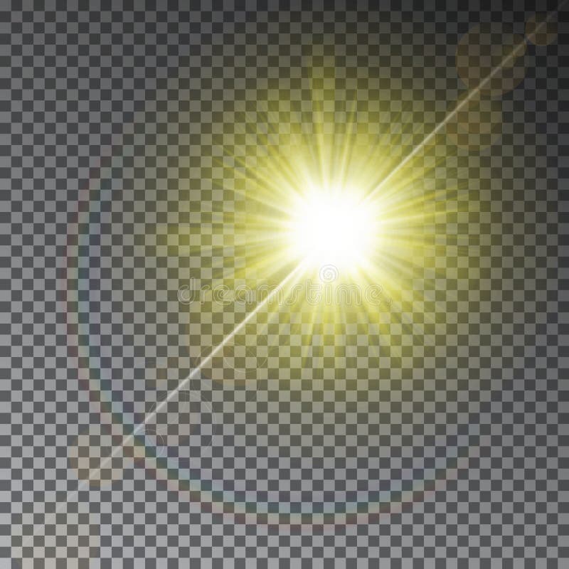 Yellow sun ray light effect with rainbow isolated on transparent background. Warm shiny star on mag