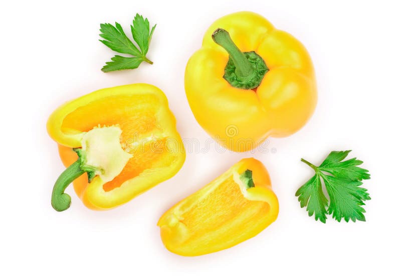 Yellow sweet bell pepper isolated on white background. Top view. Flat lay