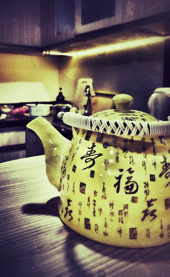 Yellow Teapot with Chinese Words Stock Image Image of teapot, chinese