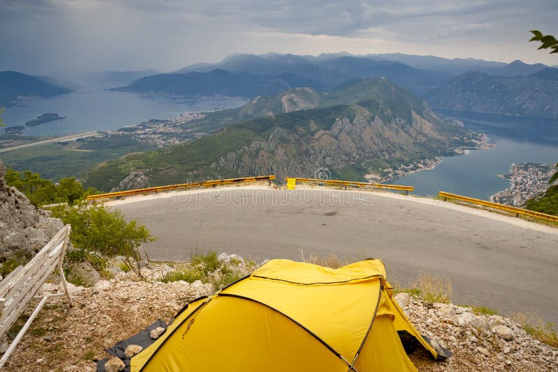 Yellow tent, aerial view on Kotor bay - Montenegro