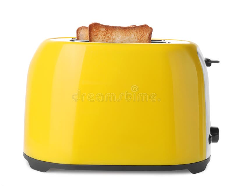 Yellow Toaster with Roasted Bread Slices on White Background Stock