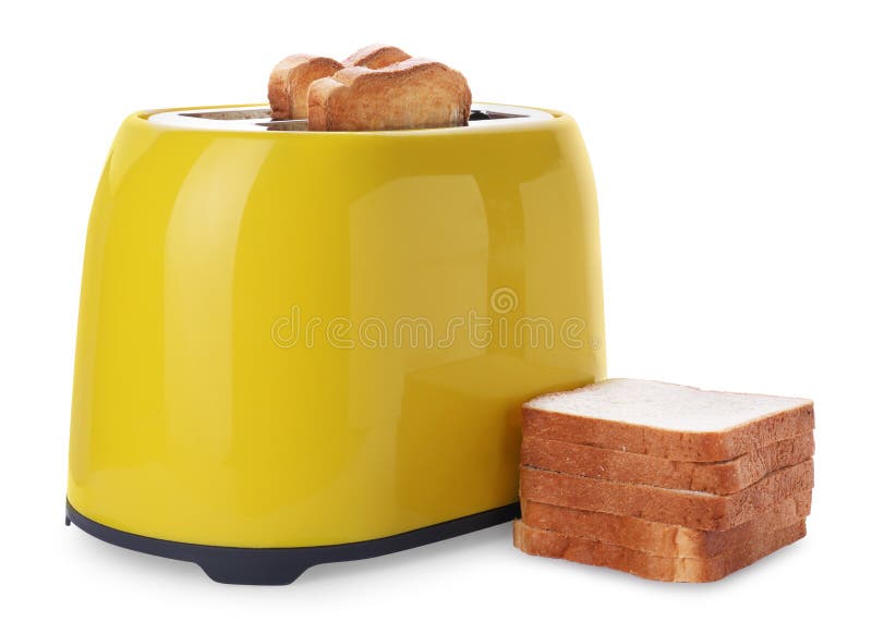 Yellow Toaster with Roasted Bread Slices on White Background Stock