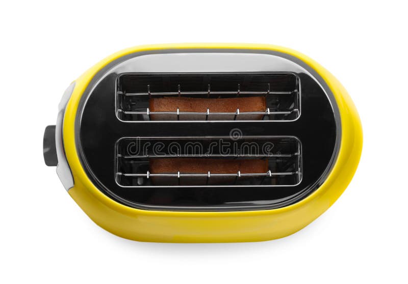 Yellow Toaster with Roasted Bread Slices on White Background, Top View
