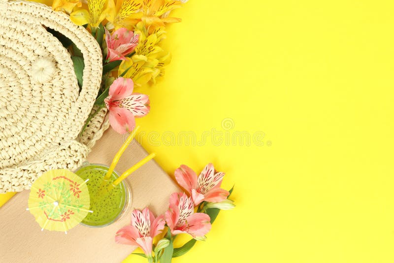 Download Yellow Tropical Mockup Banner With Straw Bag And Cocktail Stock Photo Image Of Holiday Frame 149522528