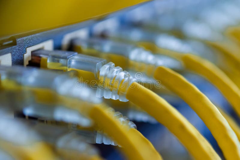 Yellow UTP cables connected on patch panel