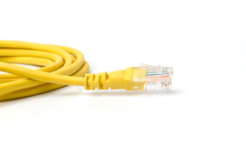 Close up yellow UTP LAN cable on white background