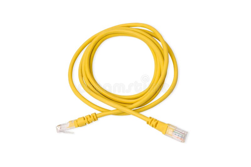 Close up yellow UTP LAN cable on white background