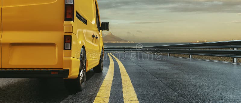 A yellow van is driving along the coastal highway royalty free illustration