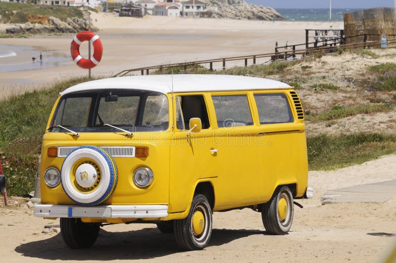 Yellow Vintage Van, Beach Scene, Summer Holidays