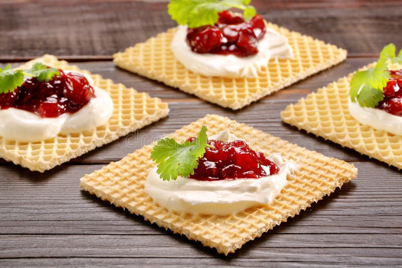 Yellow Waffle with White Cottage Cheese Cherry Jam and Fresh Her Stock Image Image of