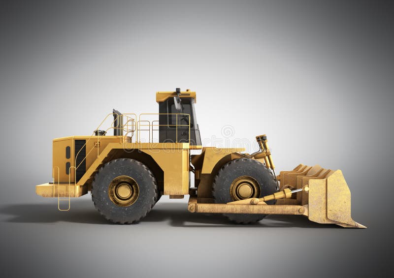 Yellow wheels Bulldozer 3d render on grey