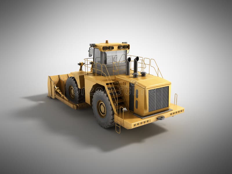 Yellow wheels Bulldozer 3d render on grey