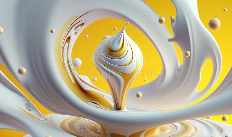 A Yellow And White Abstract Painting With A Swirl Of Liquid Stock