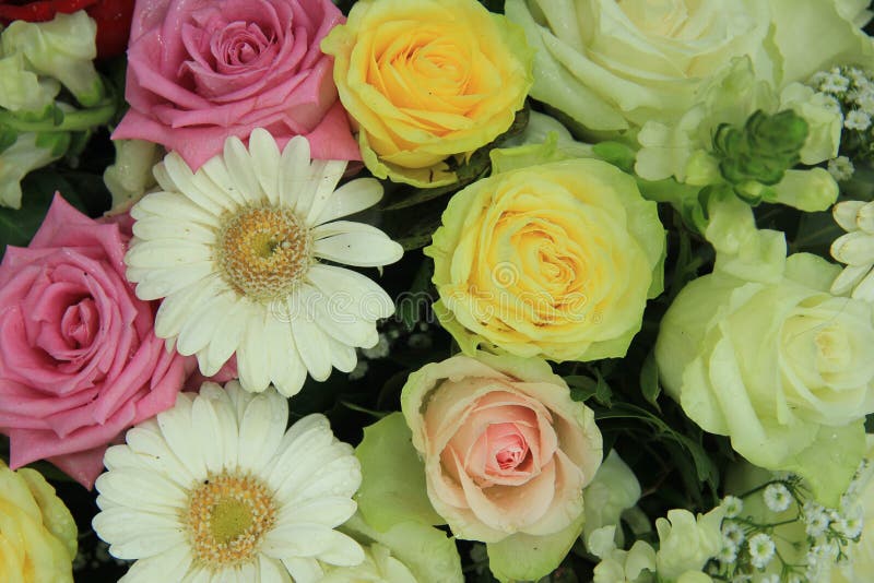 Yellow, white and pink wedding flowers