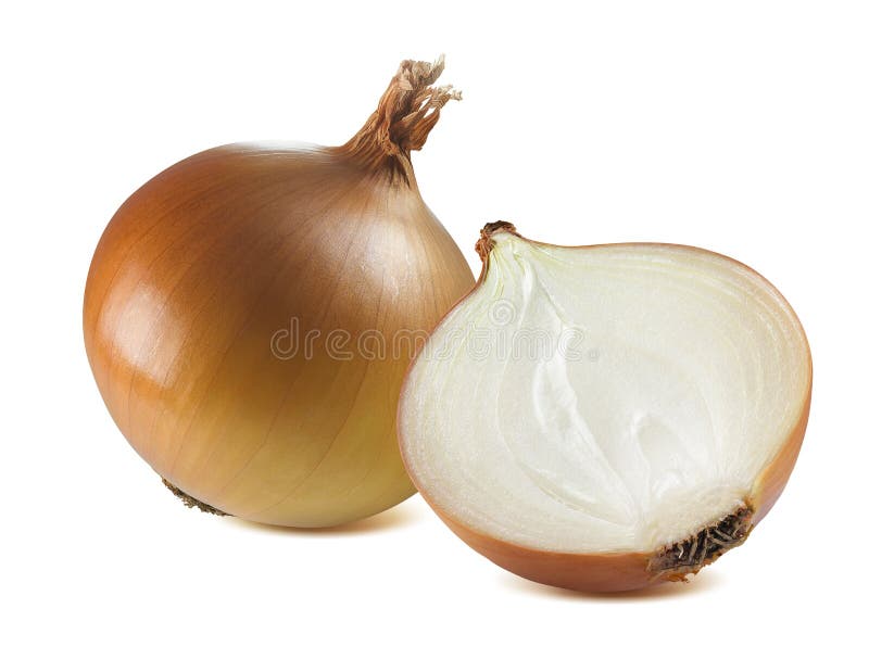 Yellow whole onion half together isolated on white background