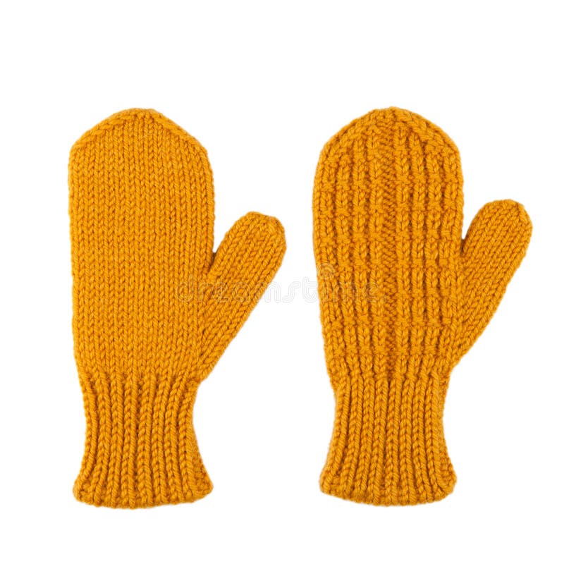 Yellow wool mittens on white