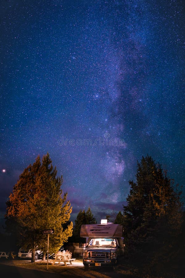Yellowstone National Park RV Camp milky way Galaxy stock photo Yellowstone National Park RV Camp milky way Galaxy stock photo