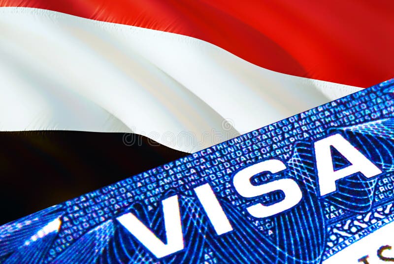Yemen visa document close up. Passport visa on Yemen flag. Yemen visitor visa in passport,3D rendering. Yemen multi entrance in stock illustration