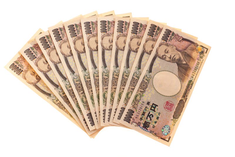 A display of Yen notes isolated on a white background. A display of Yen notes isolated on a white background.