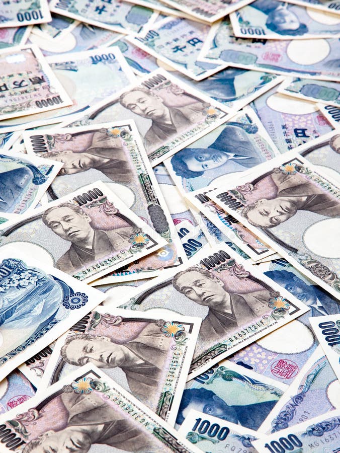 Many of the Japanese yen currency notes. Many of the Japanese yen currency notes