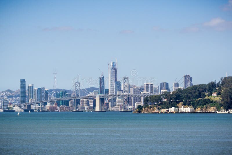 Yerba Buena Island and the Bay Bridge, San Francisco downtown in the background, California stock images Yerba Buena Island and the Bay Bridge, San Francisco downtown in the background, California stock images