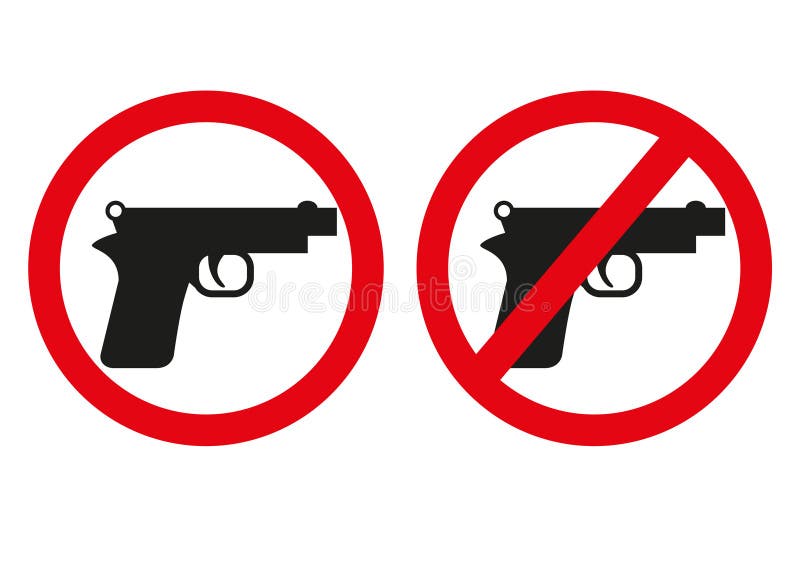 Yes or no to gun control. Sign with both handgun allowed and banned. Symbolic icon design includes automatic pistol with circle wi