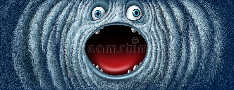 Yeti snow monster face as a fury bigfoot sasquatch or big foot abominable snowman winter creature with an open mouth as a funny character with copy space as a greeting.