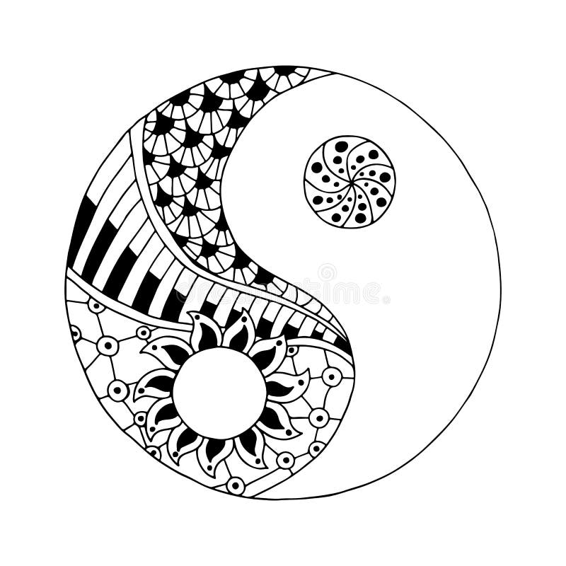 Yin and yang decorative symbol. Hand drawn zentangle style design element. Alchemy, spirituality, occultism, textiles art. Vector illustration for t-shirt print isolated on white background. Yin and yang decorative symbol. Hand drawn zentangle style design element. Alchemy, spirituality, occultism, textiles art. Vector illustration for t-shirt print isolated on white background.