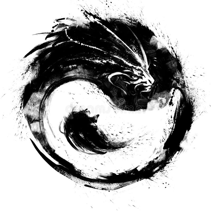 Yin yang con dragón dibujado con tinta con manchas negras y salpicaduras .