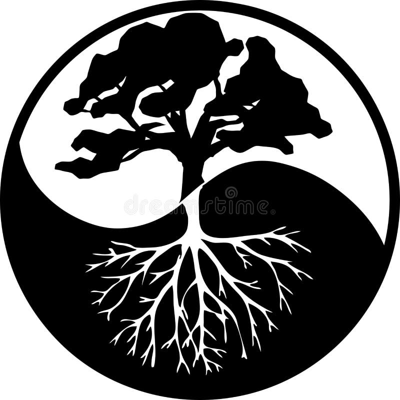 Yin Yang drzewo w kontrascie czarny i biały ilustracja wektor