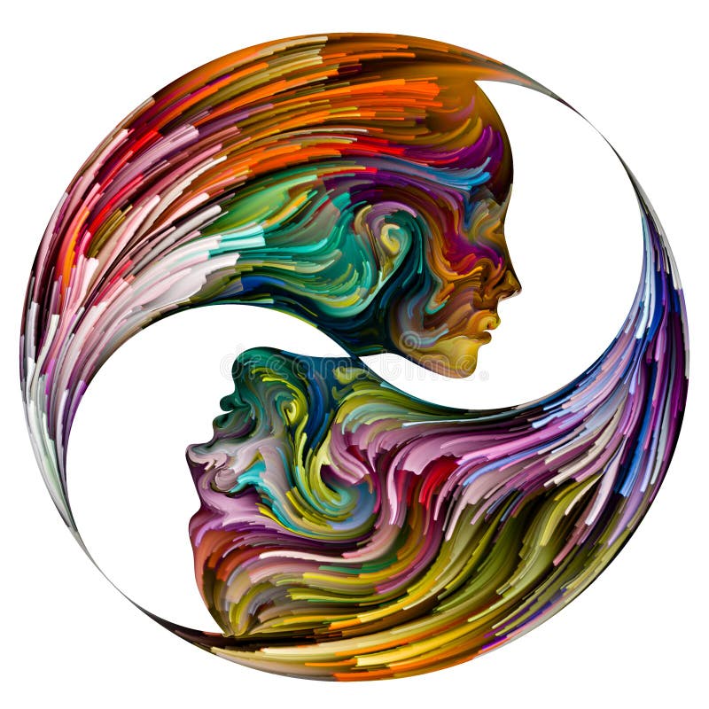 Emotional Palette series. Yin Yang swirling palette. Abstract painting of female and male silhouettes in  vibrant colors on subject of unity in suchness of male and female nature