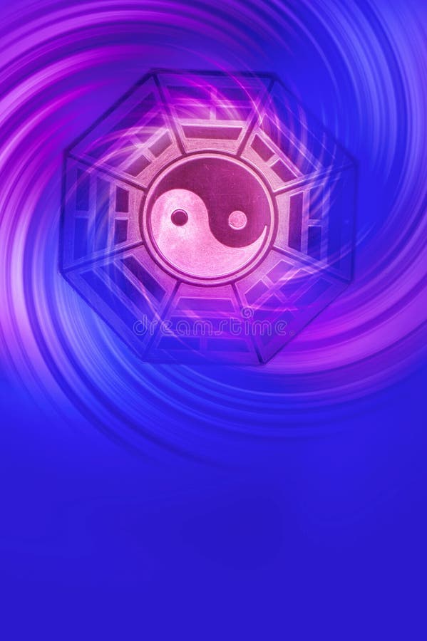 I Ching and yin yang symbol over blue purple whirl. I Ching and yin yang symbol over blue purple whirl