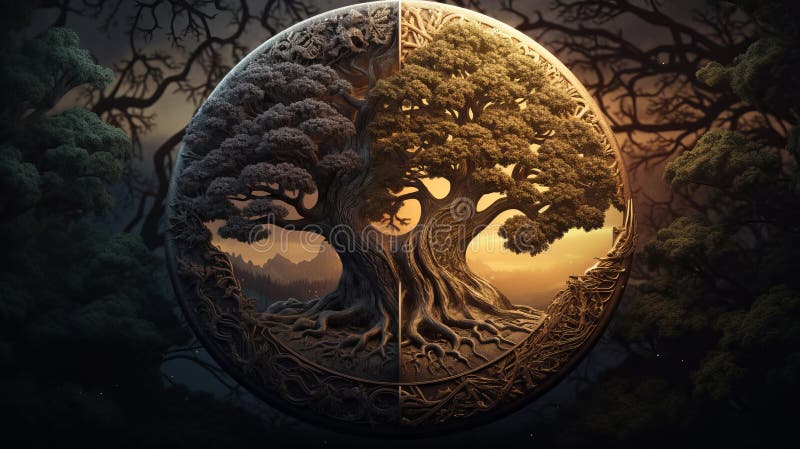 Ying yang concept d'équilibre yggdrasil arbre. ai génératif illustration libre de droits