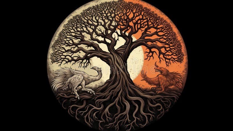 Ying yang concept d'équilibre yggdrasil arbre. ai génératif illustration de vecteur
