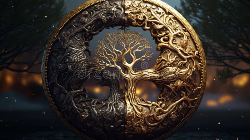 Ying yang concept d'équilibre yggdrasil arbre. ai génératif illustration de vecteur
