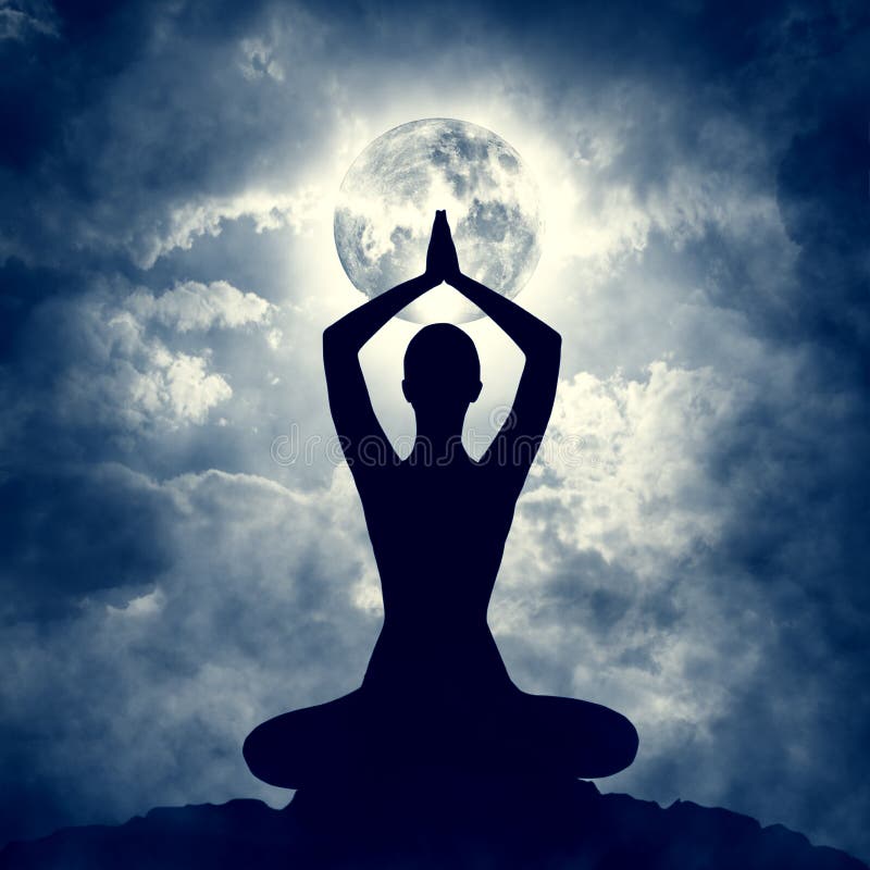 Yoga Body Pose Silhouette over Moon Night Sly, Meditation Exercise royalty free stock image