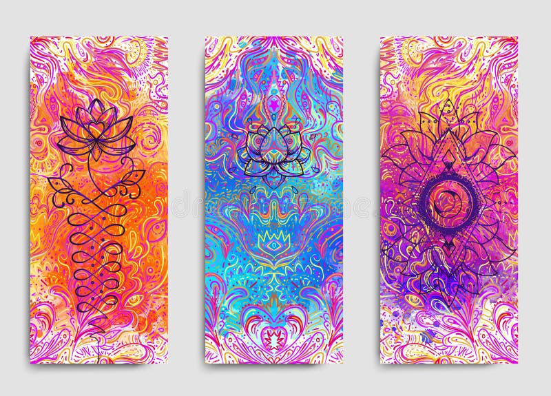 Yoga card, flyer, poster, mat design. Colorful design template for spiritual retreat or yoga studio. Ornamental oriental