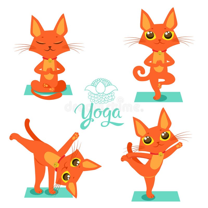 Gymnastics and Health. Set Cartoon Funny Cats Icons Doing Yoga