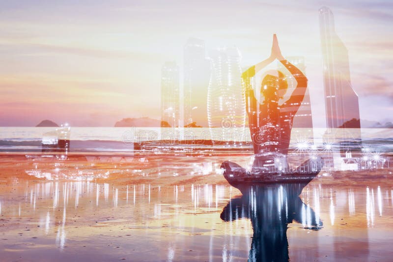 Yoga double exposure background, healthy lifestyle