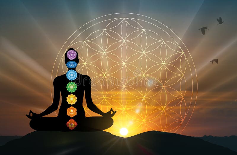 Yoga du corps humain, méditation, guérison spirituelle d'énergie de chakra, fleur de la vie