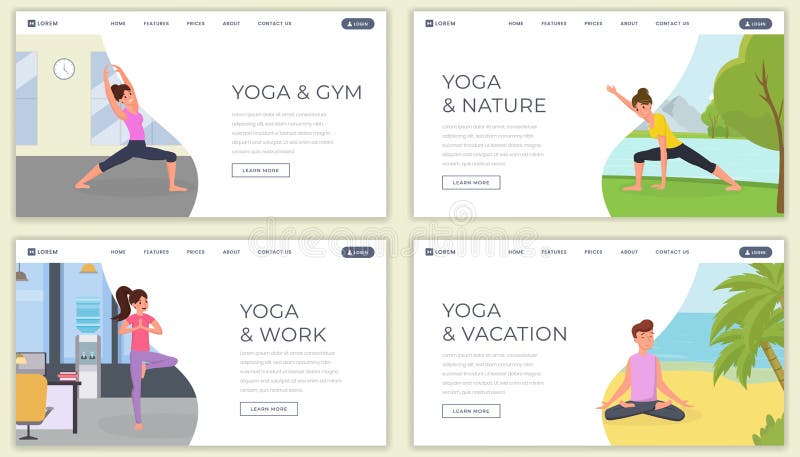 Yoga flat landing page vector template set. Yoga classes on nature website, webpage. Man and woman training on beach stock illustration Yoga flat landing page vector template set. Yoga classes on nature website, webpage. Man and woman training on beach stock illustration