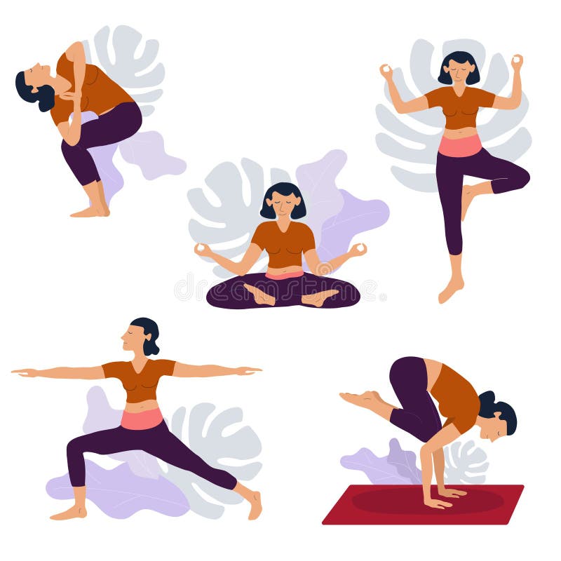 Set of yoga postures female figures Infographic 9 Yoga poses for Beginners  in flat design. Woman figures exercise in blue sportswear and black yoga  pants. Vector Illustration. Stock Vector