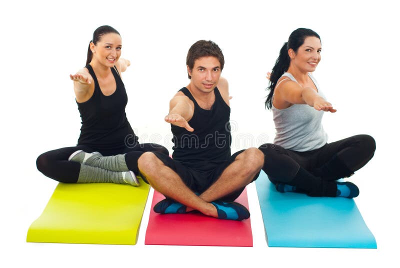 Yoga group of three people stock photos