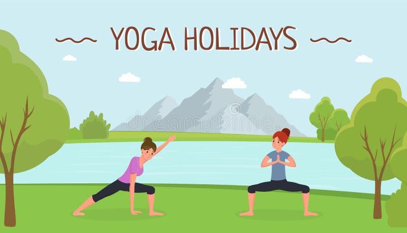 Yoga holidays flat vector banner template. Young girls practicing yoga outdoors, women training on nature cartoon