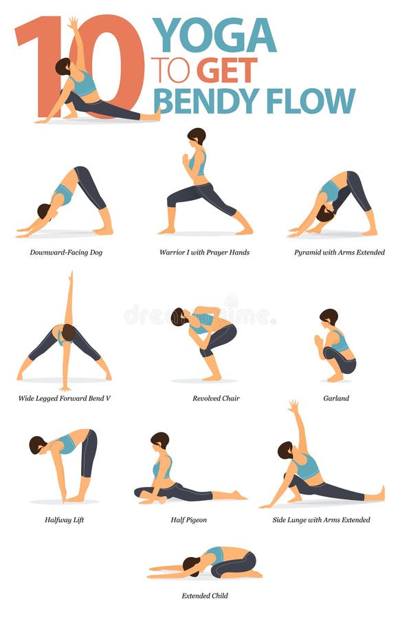 Infographic 9 Yoga poses for workout at home in concept of Hip Flexibility  in flat design.